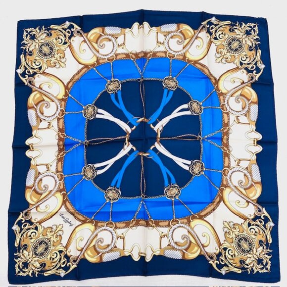 New Unused Louis Quatorze Paris 100% Silk Satin 27" Blue Beige Gold Logo (52) - Picture 2 of 6